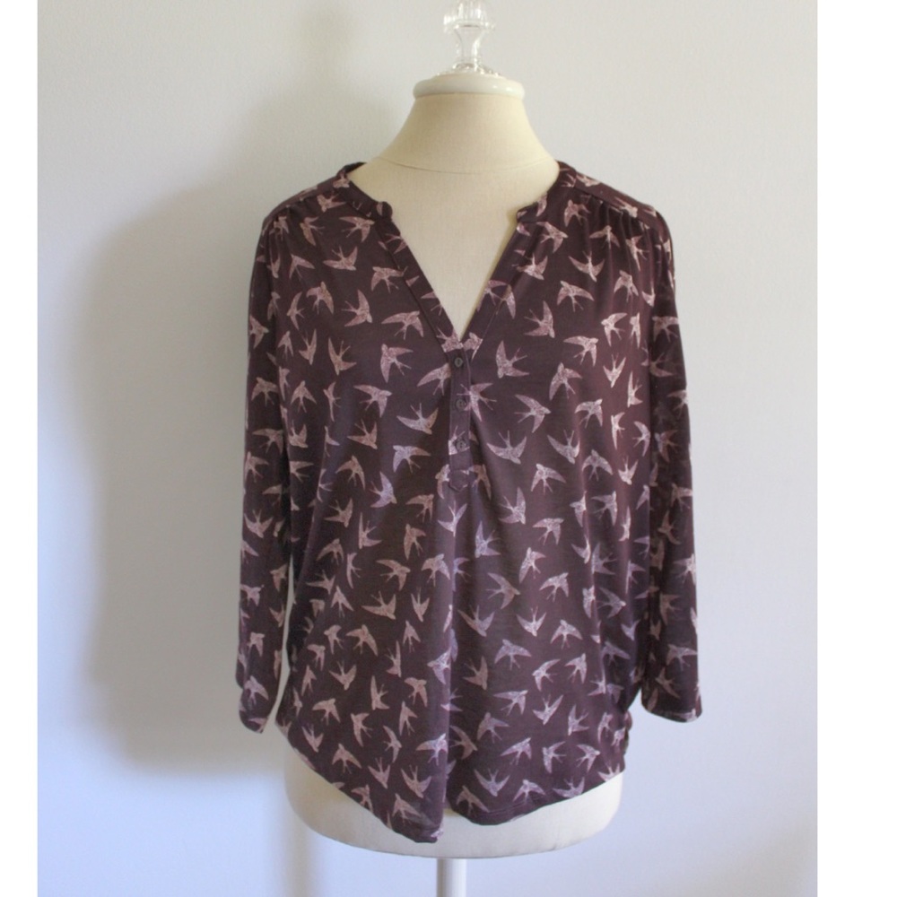H&M Brown Bird Print Dressy Top Small Preowned